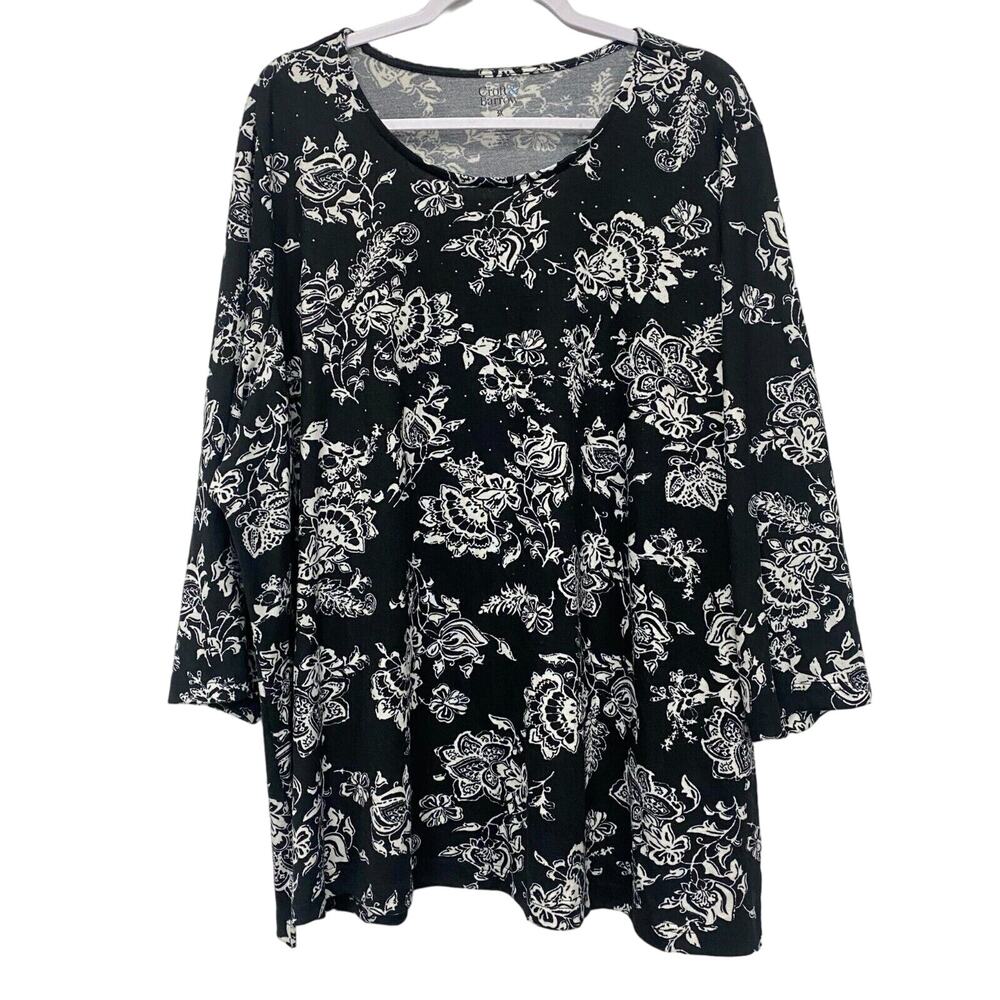 Croft & Barrow Women black white floral 3/4 Length Sleeve Knit Blouse plus sz 3X